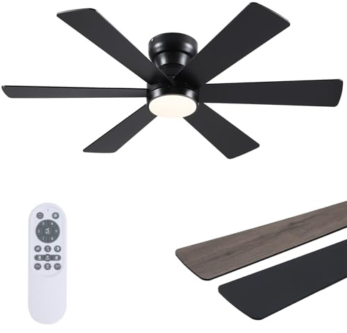 Asyko 46 Low Profile Ceiling Fan with Light and Remote Control,Black Modern Flush Mount Ceiling Fan with Lights for Bedroom, Reversible, Dimmable, Noiseless