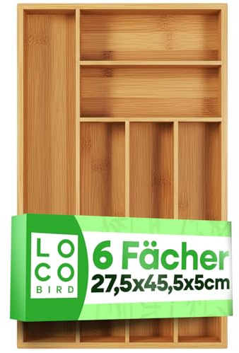 Loco Bird Besteckkasten für Schubladen aus Bambus 6 Fächer - 27,5x44,7x5cm Besteckeinsatz für Schubladen verstellbar - Besteck Organizer Küche Holz - Schubladeneinsatz Küche - Cutlery Organizer