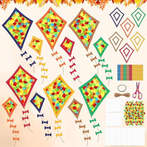 Lets Joy 12 Stück Herbstdeko Papierkite, Herbst Basteln Kinder, Drachen Fensterbilder, Herbst Sonnenfänger Dekorationen, Buntglas Effekt Tonkarton mit Zubehör Kreative DIY