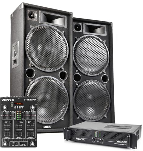 MAX215 Dual 15 Passive PA Speaker System with 3000W Amplifier, Bluetooth DJ Mixer, Cables – Complete DJ Setup Kit for Parties, Events, Home & Bedroom DJ Packages