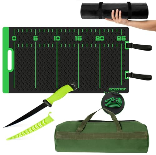 OCQOTAT Fish Fillet Mat Kit With 25 Ruler, 7 filet knife & Storage Bag - Non-Slip Texture Portable & Durable Cleaning Cutting Board for Easy Filleting,Fishing gear, 29.5x15.5