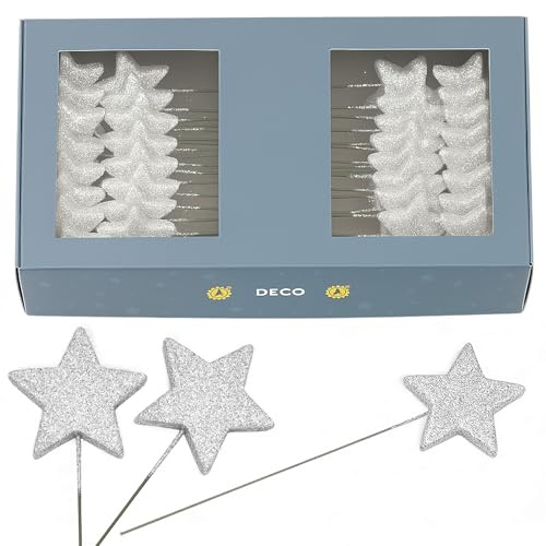 MIJOMA 60 glitzernde Sterne mit Draht 40mm zum Stecken Weihnachtsdeko Adventsgestecke Bastelmaterial Dekoration Drahtsterne Kunststoff Metalldraht winterliche Tischdeko DIY (Silber)