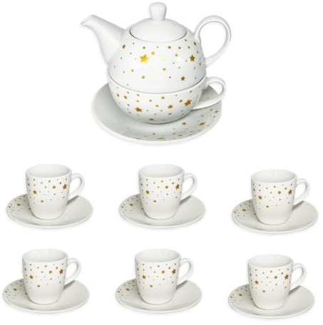Ma Maison Set 6 Tazzine + 1 Teiera con Tazza 210CC - Servizio Tè, Caffè, Idea Regalo, Natale, Piattini Compresi, Kit Completo, Elegante, da Tavola - in Ceramica