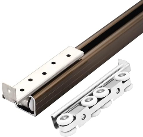Schiebetür-Schienenset, 3 4 5 6 7 8 9 10 ft Aluminium-Schiebetürsystem mit Soft-Close-Funktion für Kleiderschränke, läuft sanft und leise(Champagne,5.1ft/155cm)