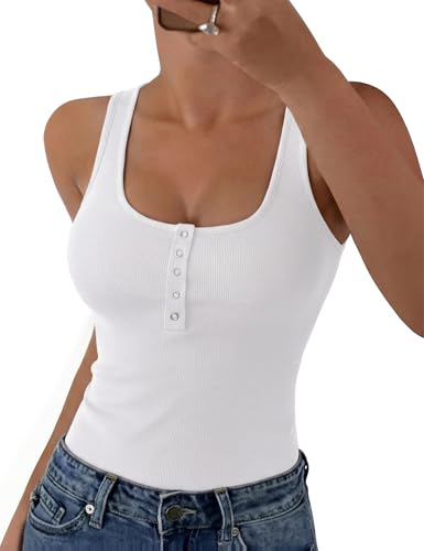 Aottori Canotta Donna Senza Maniche Estiva Tops Scollo Quadrato Coste Canottiera Lunga Basic Tinta Unita T Shirt Aderente Bottoni Spalla Larga Tank Top Sexy Casual Bianco S