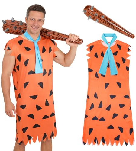 shyhand Steinzeit Höhlenmensch Kostüm Herren Halloween Adult Costume mit Krawatte Aufblasbarer Keule für Karneval, Cosplay, Party, Familienfeiern Outfit