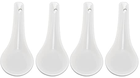 RASTKY Sopa China Elegante Cuchara de Cerámica Mano de Obra Fina Largo para el Hogar Hotel Restaurante Blanco Juego de 4