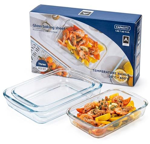 Aspect Oven Dish Set of 3, Borosilicate Glass Baking Dishes with Non Stick Baking Surface, Freezer to Oven Safe Bakeware Set -20°C to 400°C, Roasting, Baking & Cookie Sheet Trays 1L, 1.6L & 2.2L