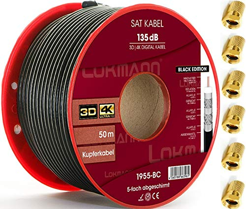 LOKMANN Schwarz 50m Reines-Kupfer 135dB 5-Fach geschirmt Koaxialkabel Koax Sat Kabel Antennenkabel TV Cable Satellitenkabel Full HD, UHD, 4K, 8K + 10 F-Stecker