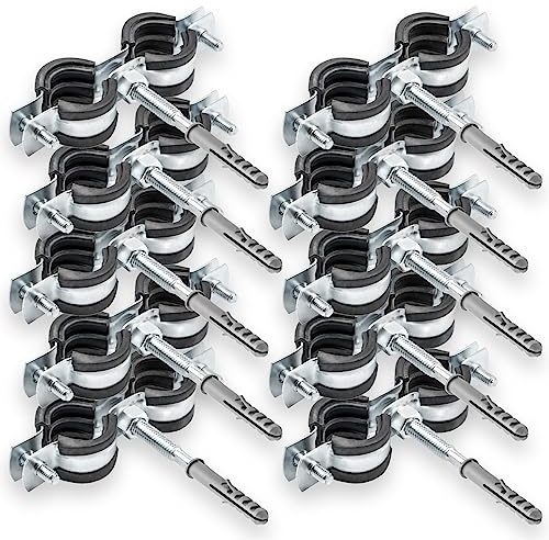 10 x collier double pour tuyaux + 10 x chevilles + 10 x tire-fonds – kit de fixation facile pour tuyauterie – pour installations sanitaires et de chauffage – 3/4 25-29mm