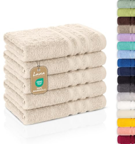 Lavea® 5er Set Gästehandtücher 30x50 cm, Weiche & Saugstarke Gästetücher aus 100% Baumwolle, Frottierserie Elena, Waschbar 60°C, Trocknergeeignet - Creme