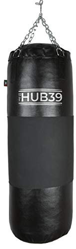 Hub39 Boxsack aus Leder, Vollleder, 50 kg, Sack – Boxsack, Länge: 100 cm, Voll-Boxsack – Boxsack 50 kg (Schwarz, schwarzes Band)
