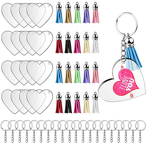 Akrylnyckelknippa råämnen set, 60 stycken nyckelknippor transparent rund akryl nyckelring, tofsar hänge nyckelring med 20 tofsar, 20 kedjor och 30 böjringar för gör-det-själv