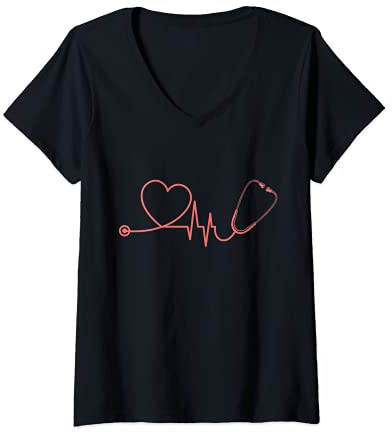 Damen Herzschlag Stethoskop Kardiologe Herz Arzt Krankenschwester T-Shirt mit V-Ausschnitt