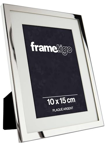 Frametigo - Versilberter Bilderrahmen mit weißem Passepartout, 10x15cm - Hoch- & Querformat - Samtrückseite & Aufsteller - Echtglas - Anlaufschutz - Edler Fotorahmen für besondere Momente