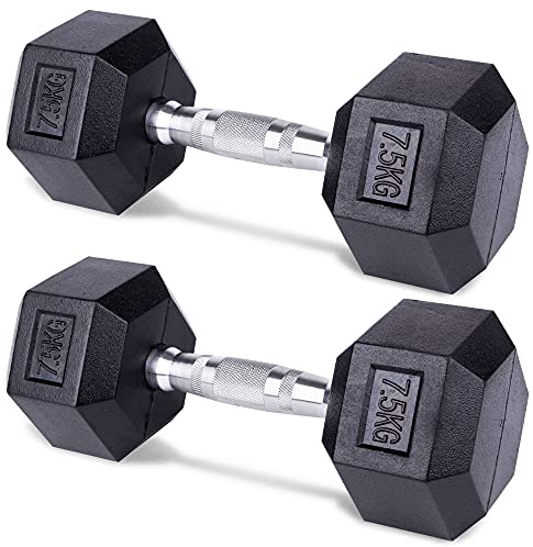 unycos - Mancuernas y Pesas Antideslizantes con Revestimiento de Caucho y Empuñadura Cromada, Disponibles de 7,5 kg con Diseño Anti-Rodadura, Entrenamiento de Fuerza/Fitness (2 und; 7,5 kg)