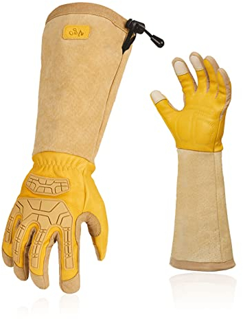 Vgo... Guanti da Giardinaggio Lunghi Antispine in Pelle, 1 paio Guanti da Lavoro a Maniche Lunghe Antivibrante per Agricoltatura Potatura Orto