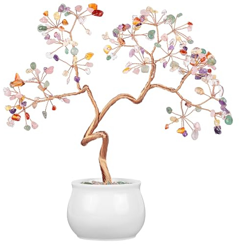 Nupuyai 7 Chakra Baum mit Keramik Vase Kristall Geldbaum Figur Wohn Deko | Edelstein Baum Feng Shui Figur, Heilstein Wunschbaum für Glück Wohlstand, Tisch Deko Wohn Lebensbaum Geschenk, ca. 20-24 cm