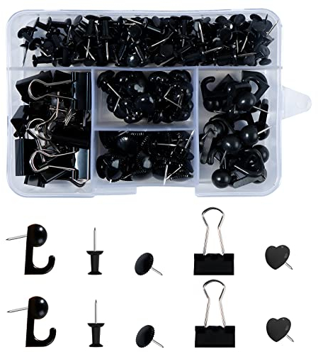 VAPKER Schwarze Reißzwecken, 200 Stück, Binder-Clips, Haken-Reißzwecken, Zahnradmarkierung, Herzförmige Pinnnadeln, Kunststoffkopf Mit Stahlspitze Für Büro, Schule