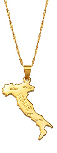 Gouekst Italie Carte Pendentif Colliers - Cartes du Pays Italien Charme Pendentif Bijoux Chaîne De Clavicule Ethnique pour Femmes Hommes Chaîne De Chandail Patriotique Colliers Cadeaux,Or,60Cm Ou