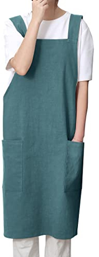 Pincy Baumwoll Leinen-Schürze für Damen – ohne Bindebänder, gekreuzte Rückenschürze mit Taschen, ideal für Floristen, Cafés und Küche