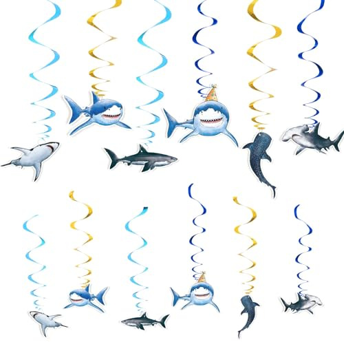 WERNNSAI 24 PCS Shark Party Hanging Swirls Ocean Shark Party Decoration