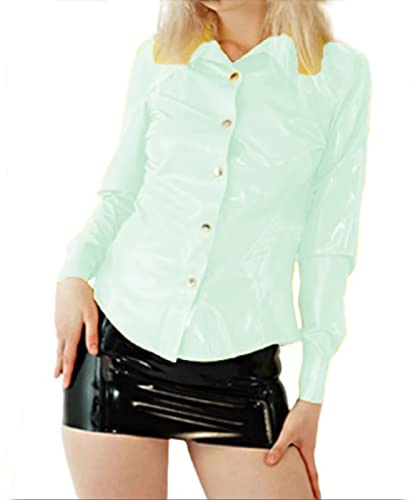 Kontor dam höst PVC bodycon långärmade toppar PU-läder skjortor topp knapp upp elastisk jacka blus, sjögrön, 6XL