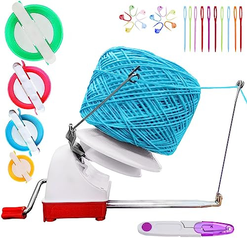 RRigo Kugelwickler, großes Garnstrickwebstuhl Häkeln Swift Garn Faser Schnur Kugel Wolle Wickler DIY Tool Kit, 1 Garn Kugelwickler+1 Set 4 Größe Pompon +20 x Nadelknopf-Set+ 1PC Schere