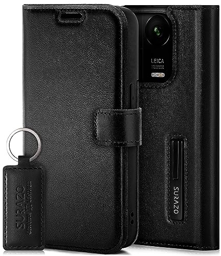 SURAZO Premium mobiltelefonfodral för Xiaomi 13 Pro 5G, fodral i läder – vikbart äkta läder, skyddsfodral [magnet, kortfack, RFID-skydd, stativfunktion] vikbart fodral läderfodral (svart)