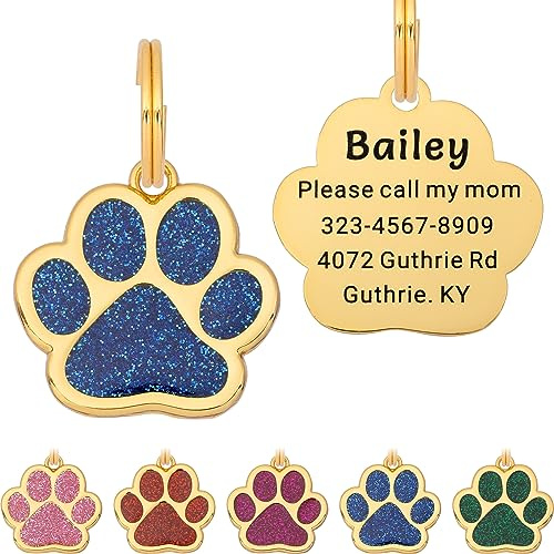 Personalisierte Hundemarke mit Gravur in Pfotenform, Blau, Dog Tag | Gut lesbare Kontaktdaten, bis zu 5 Zeilen, 4 Ringe in 3 Größen