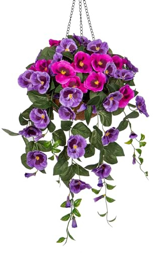 Briful Kunstblumen Wie Echt Stiefmütterchen Hängende Pflanzen Künstliche Blumen Pansy mit Hängeampel, Höhe 80 cm, Zimmerpflanze Busch Dekopflanze Grünpflanze