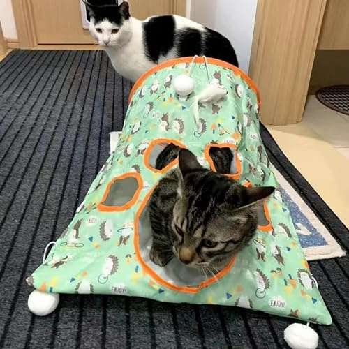 Katzentunnel Tasche, Lustige Katzen Spieltunnel, Faltbar Katzentunnel Katzenspielzeug, Interaktives Katzen Spielzeug, Federspielzeug Katzenbälle, Katzentunnelbett für Katzen, Kaninchen (Grün)