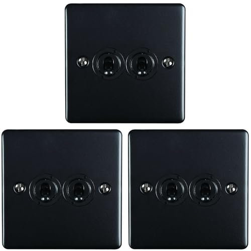 3 Pack 2 Gang Double Retro Toggle Light Switch MATT Black 10A 2 Way Plate - Classic Vintage Style Flick Lever Wall Plate