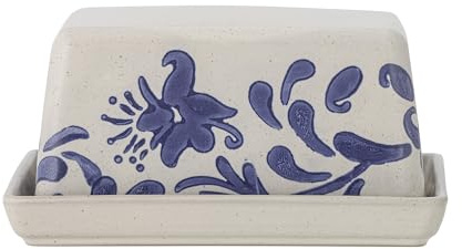 Bloomingville Creative Collection Petunia Butterdose, handgestempelt, Blau-Weiß, Steingut, romantischer Vintage-Look, L14xH7xW12 cm