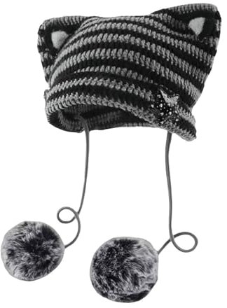 Outdoor-Bekleidung für Damen, Katzenohren-Hut mit Pompons, Stern-Zubehör, Gothic, gehäkelt, gestrickt, Slouchy, Skully-Kappe, Alt, Kleidung, Profi-Visier, Wintermütze, dunkelgrau, Einheitsgröße