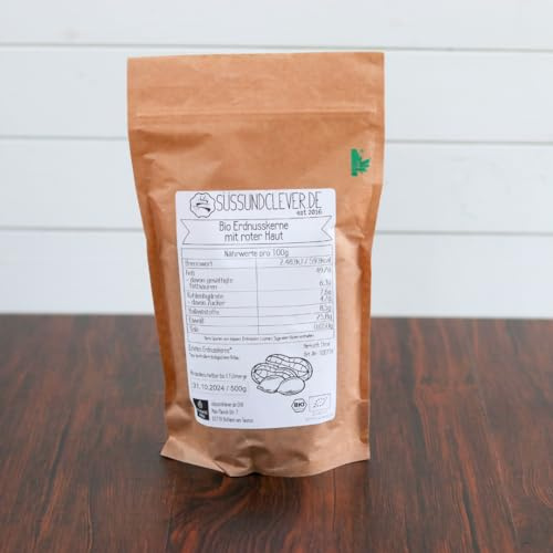 süssundclever.de® Bio Erdnusskerne | mit roter Haut | 1,0 kg | Roh | plastikfrei und ökologisch-nachhaltig abgepackt