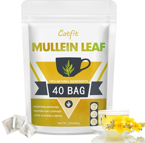 Mullein Leaf Herbal Tea, Mullen Tea for Respiratory, Lung Cleanse, Iymphatic Cleanse & Detox, Immune Support, Non-GMO, No Caffeine, 40 Tea Bags