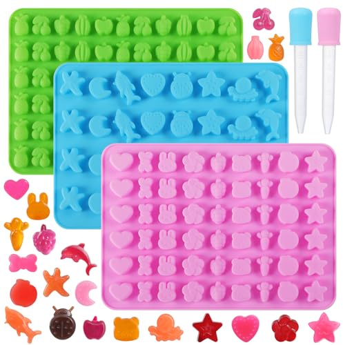 ENBRWAS Mini Silicone Gummy Sweet Moulds, 3 Trays, 152 Cavities, 2 Droppers | Fruit, sea animal and mixed mini shapes for gummies, chocolate, jelly, ice and cake decorations