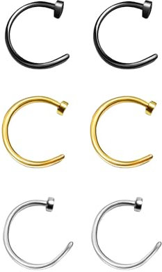 TJUSPIRIT 6 Stück Fake Nasenring Septum Nasenpiercing 20G 8mm Septumpiercing Piercingschmuck für Nasen Ohr Lippe Tragus Knorpel Helix, Edelstahl,(C shape, Gold/Silber/Schwarz)