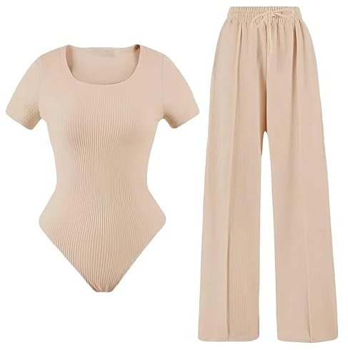 Ladies Scoop Neck Short Sleeve Bodysuit & Elasticated Wide Leg Trouser Two Piece