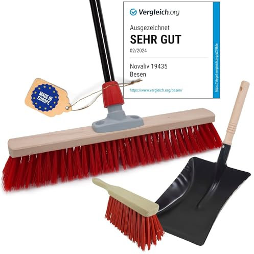 Novaliv Balai de rue avec manche, 50 cm, poils en Elaston avec balai galvanisé avec lèvre en caoutchouc composé d'une pelle et d'une balayette à main Idéal pour jardin, terrasse, cour, écurie Outdoor