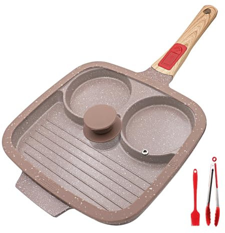 RANX INGST Padella Pancake con Coperchio 3 Fori, 26 cm Padella per Frittate con Rivestimento in Ceramica, Padella per Colazione con Maniglia Rimovibile - Marrone