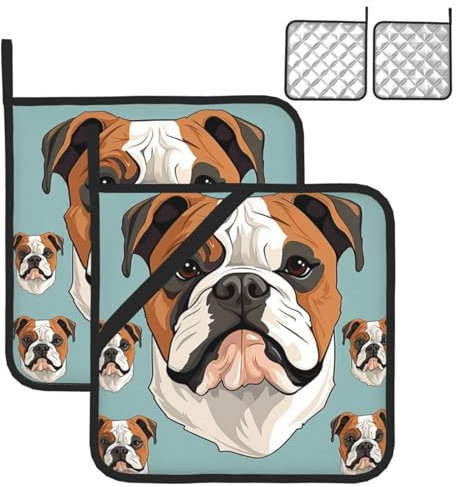 Topflappen-Set, hitzebeständig, Küchenuntersetzer mit Aufhängeschlaufen, englische Bulldogge Gesichter, Topflappen, waschbar, für Backofen, heiße Pads, rutschfest, quadratischer Untersetzer für