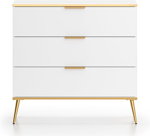 Lomadox Schubladenkommode Kommode Schubladenschrank weiß mit goldfarbenen Akzenten modern schmal