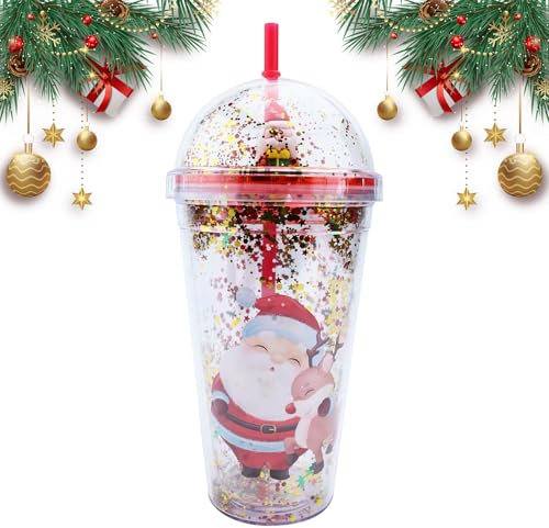 450ml Gobelet à Eau de Noël avec Paille et Couvercle Double Paroi Bonhomme de Neige Père Noël Gobelet à Eau Réutilisable Gobelet à Smoothie Bouteille Anti-fuite pour Jus de Fruits Café Glace Boire (B)