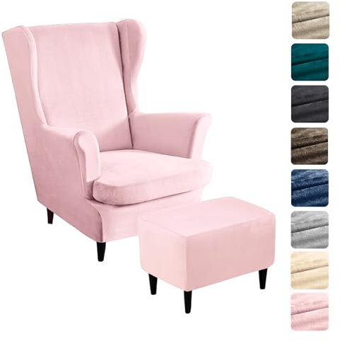Alishomtll 3 Teilig Ohrensessel Überzug Mit Ottomane Schonbezug Stretch Samt Sessel-Überwürfe Elastisch Einfarbig Sesselhusse Strandmon Tiger Stuhlbezug mit Armlehne Hohe Rückenlehne (Rosa)