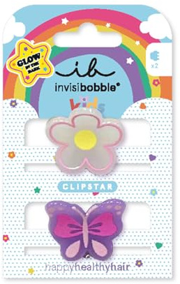 invisibobble CLIPSTAR GLOW Kids Happy Flower - 2 fermagli per capelli luminosi per bambini, design floreale e farfalla, clip antiscivolo per capelli sani, perfetti per ragazze