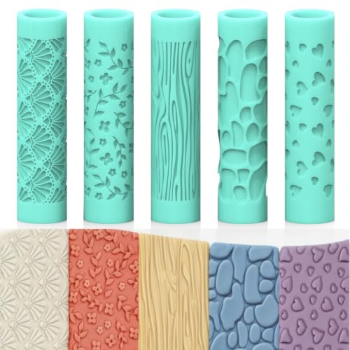 ORIGACH 5 Stück Blumen Polymer Ton-Texturroller für DIY Ohrringe | Prägung Texturen Roller Zur Herstellung von Ohrringen Ton Textur Rollen Set Mit Transparenter Aufbewahrungsbox, 10 × 2.4cm