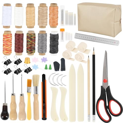 65 Pieces Bookbinding Tool Set with Bone Folder, Waxed Thread, Binding Tape, Adhesive Brush, Awl, Needles, Ruler, Storage Bag and More for DIY Bookbinding, Paper Crafts and Book Repair