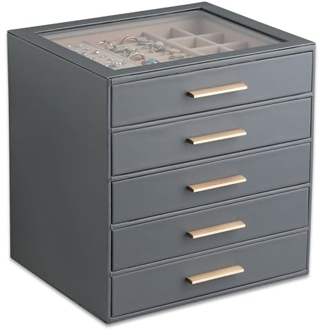 Frebeauty 5-Layer Jewellery Box with Clear Lid & Drawer for Women Girls